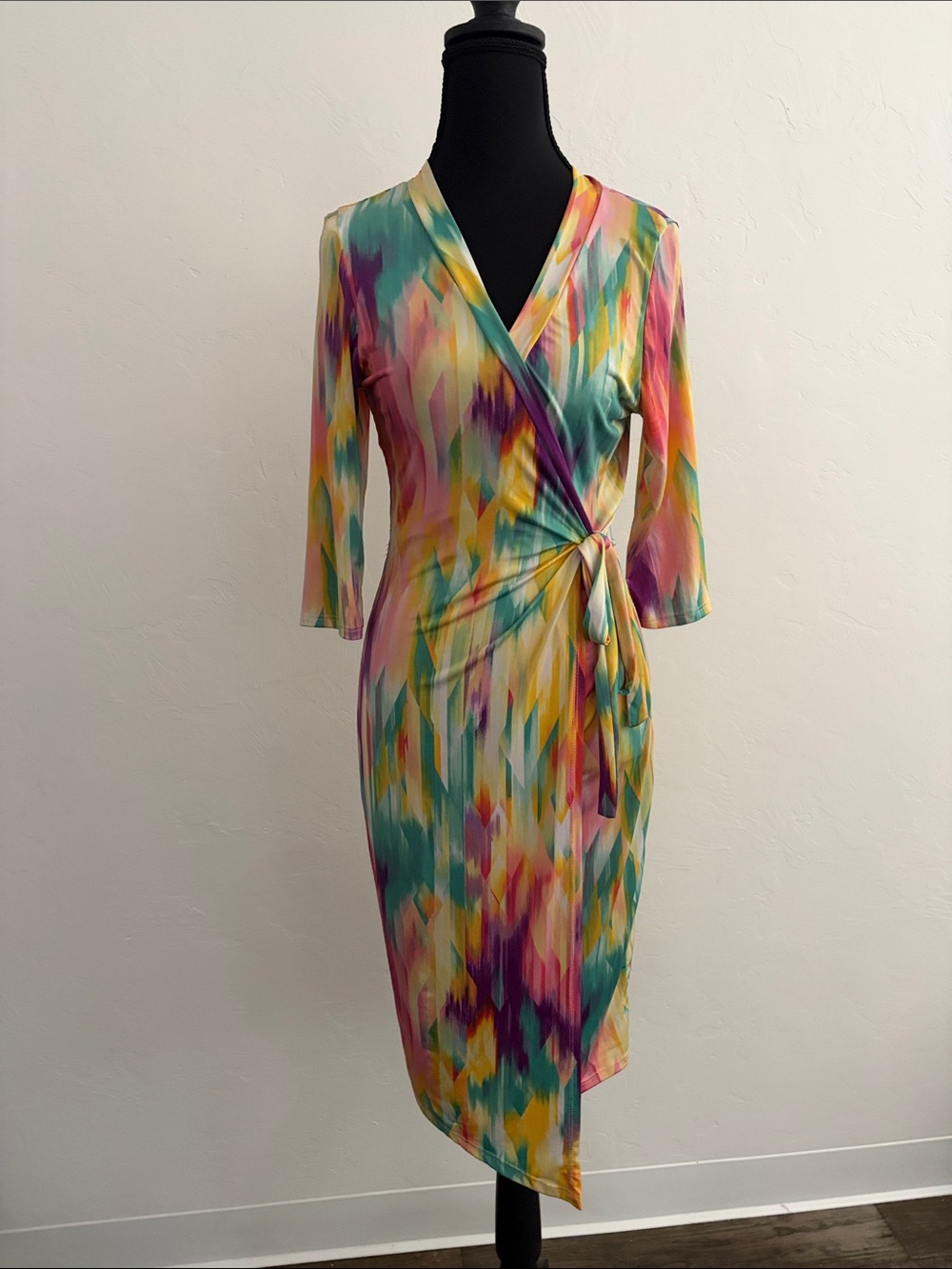 Multicolor Wrap Midi Dress with Tie Waist